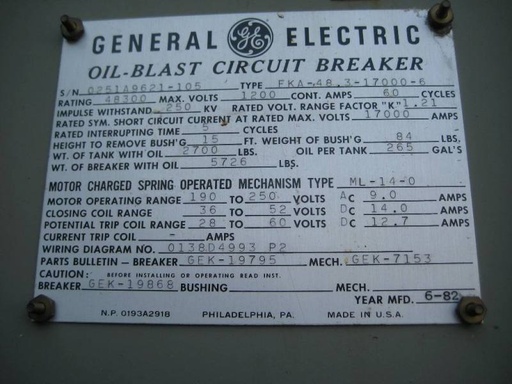 1200 Amp, GENERAL ELECTRIC, FKA-48.3-17000-6, 48.3 KV, 1982, 48 VDC, ML-14-0 MEC