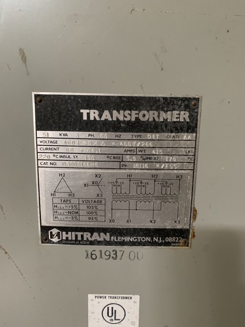 51 KVA HILTON 460 DELTA TO 460Y/266 3PH ISOLATION TRANSFORMER