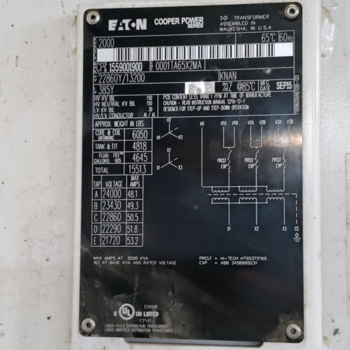 2000 KVA EASTON COPPER POWER PAD MOUNT TRANSFORMER HV 22860-13,200-LV 385