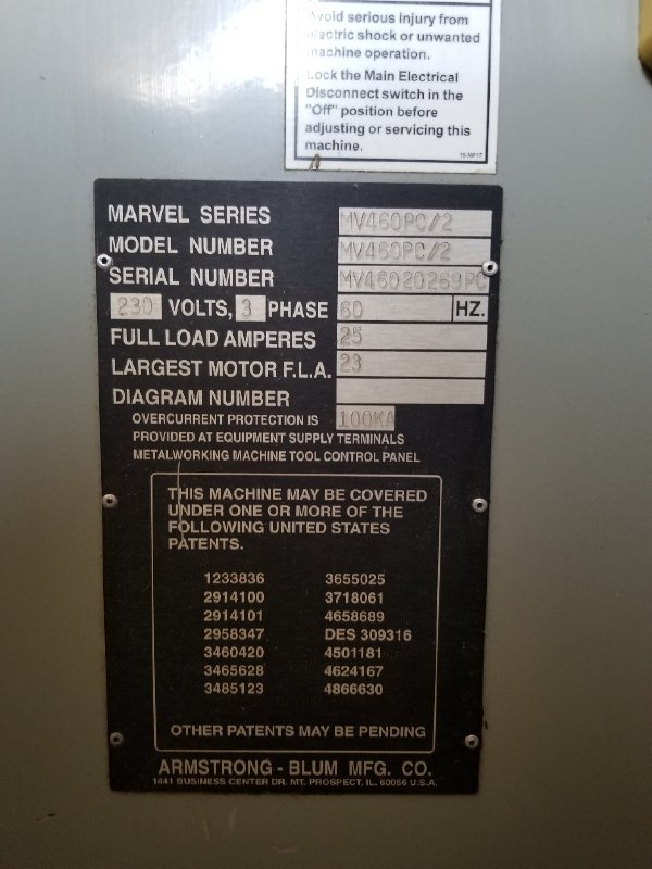 18 x 22 MARVEL MV460PC/2 VERTICAL BANDSAW