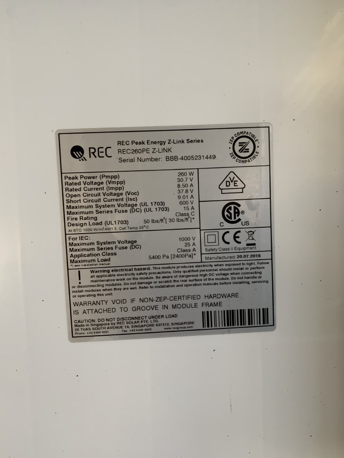 260 WATT REC PEAK ENERGY Z-LINK SERIES REC260PE Z-LINK SOLAR PANELS