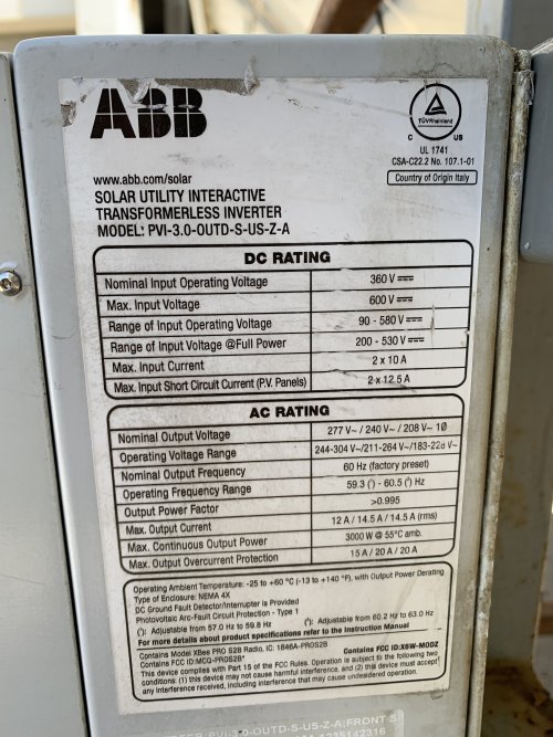 3000 KW 90-580 V,Output 208/240/277 V 60 Hz ABB PVI-3.0-OUTD GRID TIED INVERTER