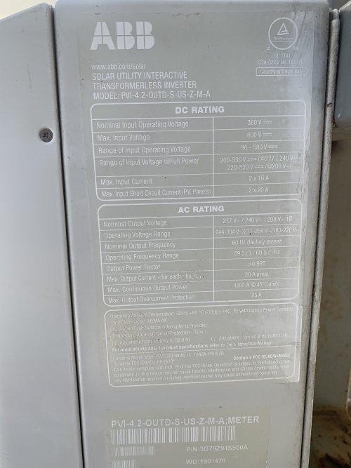 4200 KW 90-580V V, Output 208/240/277 V 60 Hz PVI-4.2-OUTD GRID TIED INVERTER