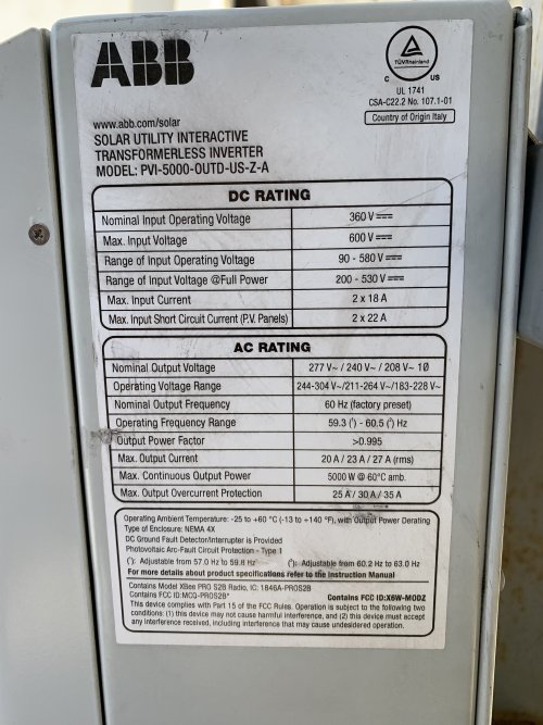 5000 KW 90-580V, Output 208/240/ 277 V 60 Hz PVI-50000-OUTD GRID TIED INVERTER
