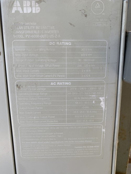 6000 KW 90-580V, Output 208/240/277 V 60 Hz PVI-6000-OUTD GRID TIE INVERTER