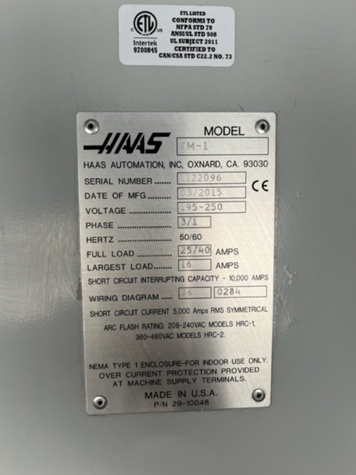 30 X, 12 Y, 16 Z, HAAS TM-1 2015 VERTICAL MACHINING CENTER