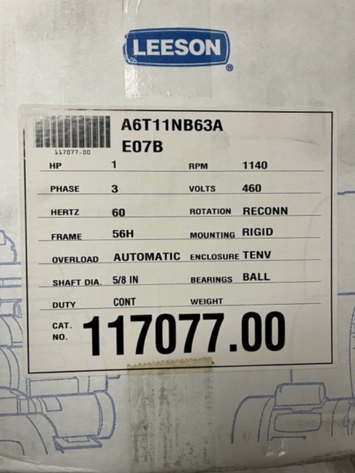 1 HP LEESON 1140 RPM 56H 1 HP MOTOR 117077.00