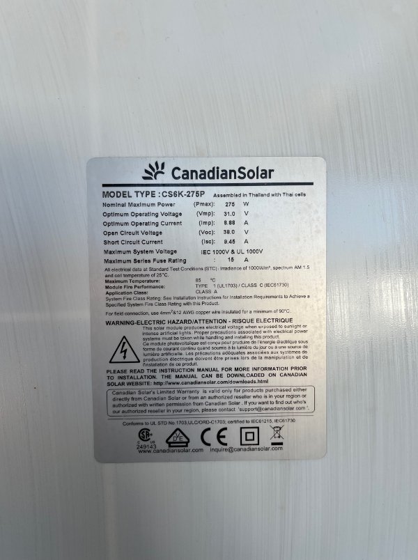275WATT CANADIAN SOLAR CS6K-275P SOLAR PANELS USED