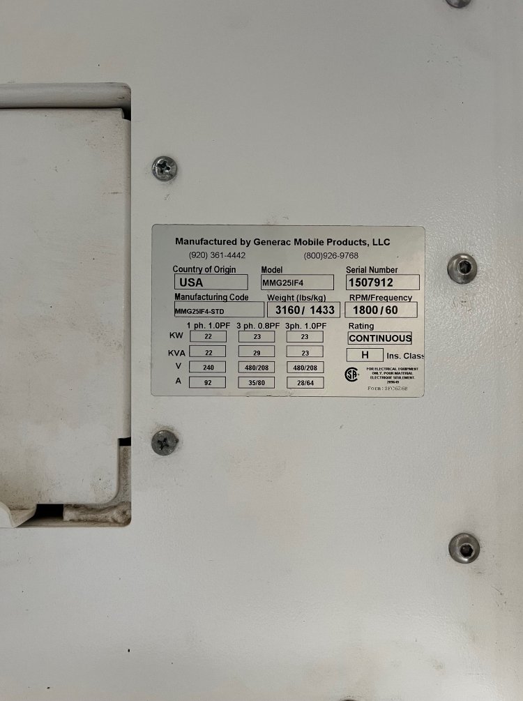 GENERAC MOBILE DIESEL GENERATOR MMG25IF4, 20-23 KW, 20-29 KVA,TIER 4 FINAL