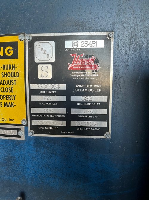 2022 HURST VIX-G-150-150 HIGH PRESSURE STEAM BOILER 150 PSI