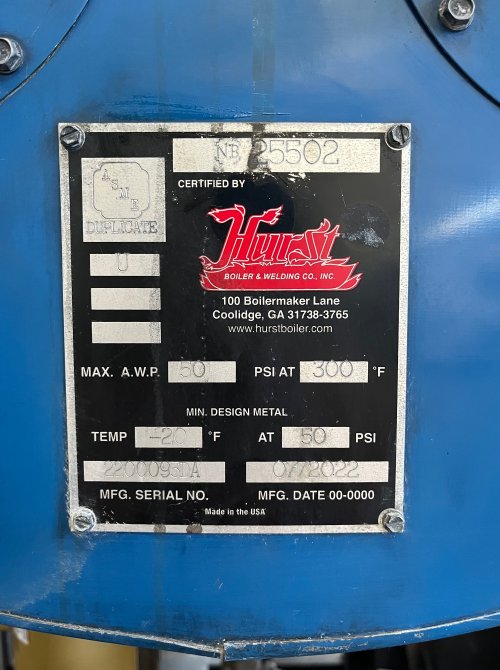 2022 HURST VIX-G-150-150 HIGH PRESSURE STEAM BOILER 150 PSI