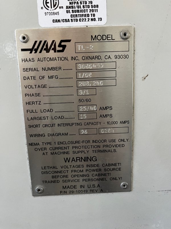 HAAS TL-2 TOOLROOM LATHE 16 X 48 MAX CAPACITY 2008