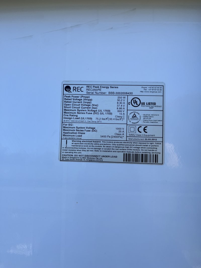 250WATT REC SOLAR REC250PE SOLAR PANELS USED