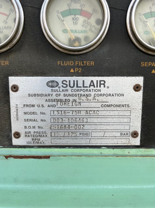 75HP SULLAIR LS16-75H ROTARY SCREW AIR COMPRESSOR