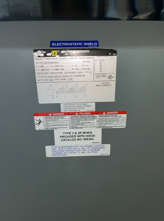 225 KVA 480 PRI 208Y/120 SEC SQUARE D 225T3HISCUNLP SORGEL TRANSFORMER 3-PH