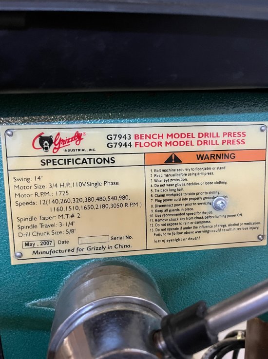 GRIZZLY G7955 14 HEAVY DUTY FLOOR STANDING DRILL PRESS